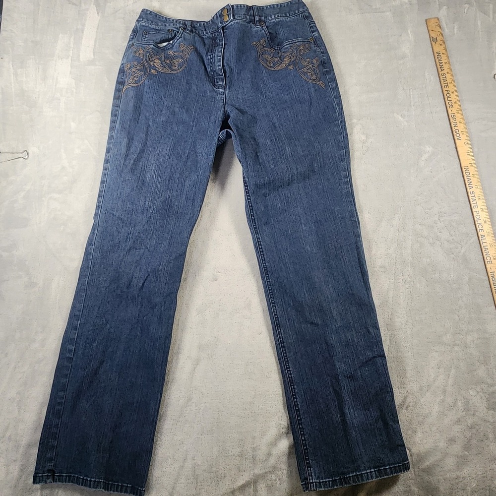 Talbots Dark Blue Boot Cut Jeans w/ Brown Embroidery arSize 14